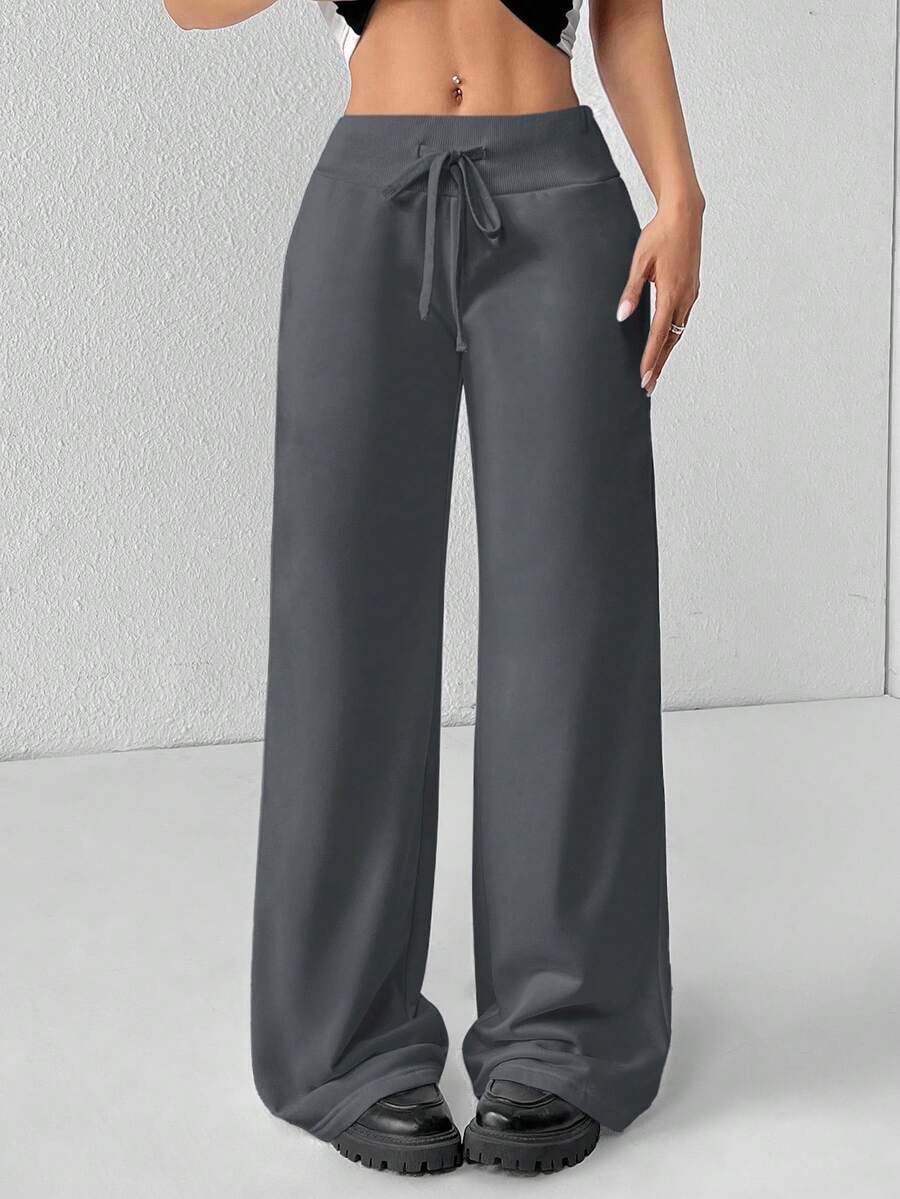 SHEIN PETITE Comfortable And Casual Plain Knitted Low-Rise Wide-Leg Women's Sweatpants Baggy