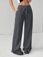 SHEIN PETITE Comfortable And Casual Plain Knitted Low-Rise Wide-Leg Women's Sweatpants Baggy