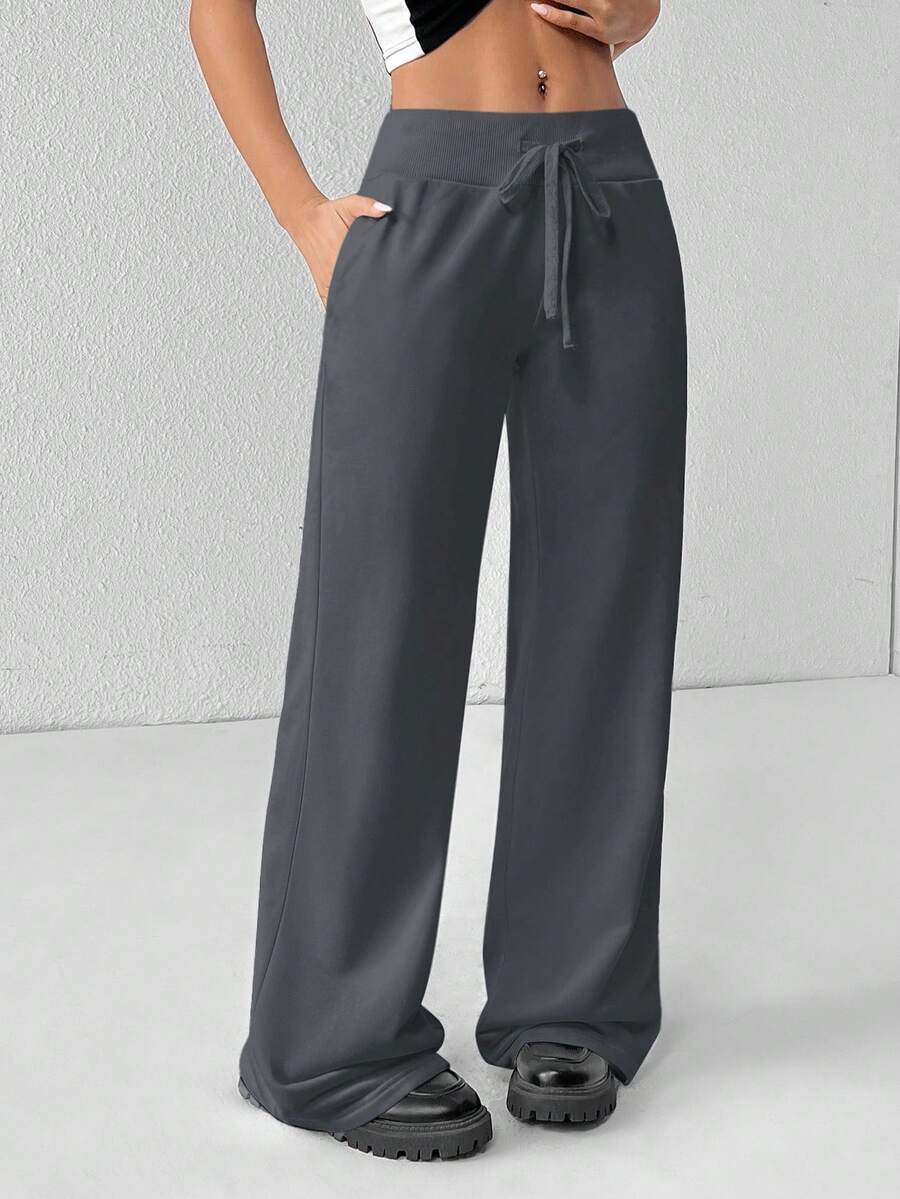 SHEIN PETITE Comfortable And Casual Plain Knitted Low-Rise Wide-Leg Women's Sweatpants Baggy