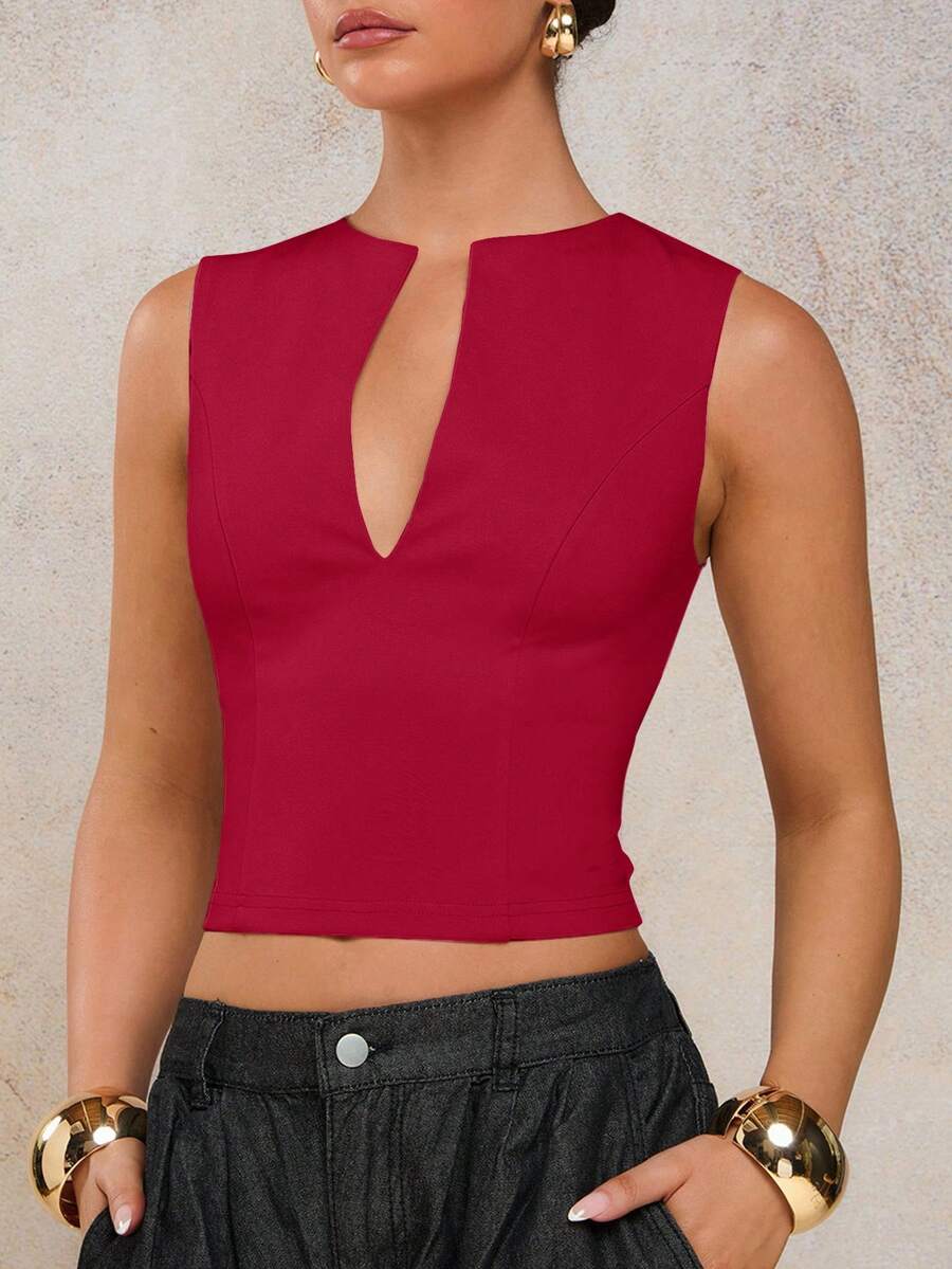 COSMINA Women's Simple Commuter Solid Color Notched Neck Fitted Camisole, Summer