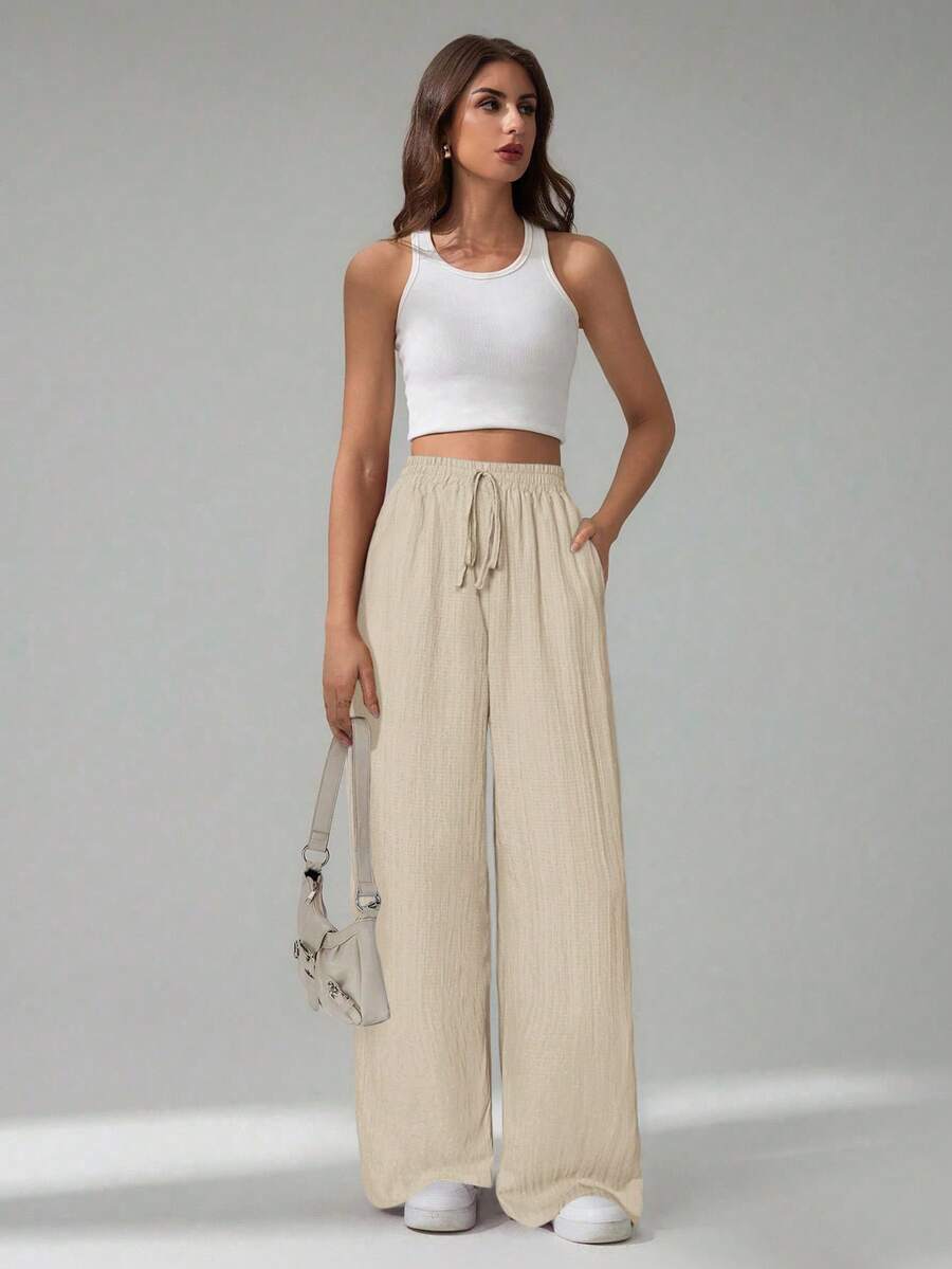 SHEIN Tall Women's Solid Color Belted Wide Leg Loose Casual Pants,Cargo Pants