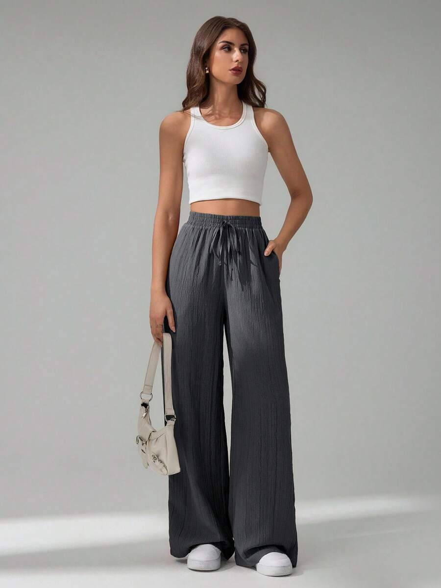 SHEIN Tall Women's Solid Color Belted Wide Leg Loose Casual Pants,Cargo Pants