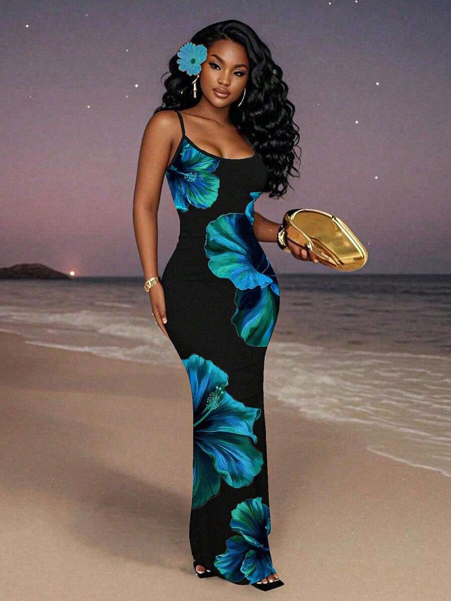 Slaydiva Casual Floral Print Camisole Bodycon Long Dress For Women, Summer Yellow Floral Bodycon Dress Yellow Summer Dress Bodycon Dress Women Yellow Dress Floral Print Bodycon Dress Suitable For Going Out Chic Dress