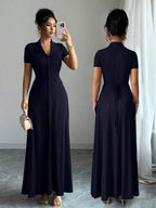 Elenzga Elegant Commuter Brown Lapel Waist Slimming Button Decor A-Line Back Bowknot Short Sleeve Maxi Dress For Women