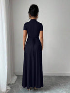 Elenzga Elegant Commuter Brown Lapel Waist Slimming Button Decor A-Line Back Bowknot Short Sleeve Maxi Dress For Women