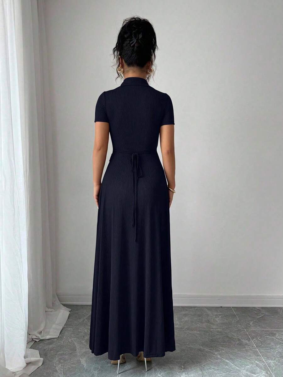 Elenzga Elegant Commuter Brown Lapel Waist Slimming Button Decor A-Line Back Bowknot Short Sleeve Maxi Dress For Women