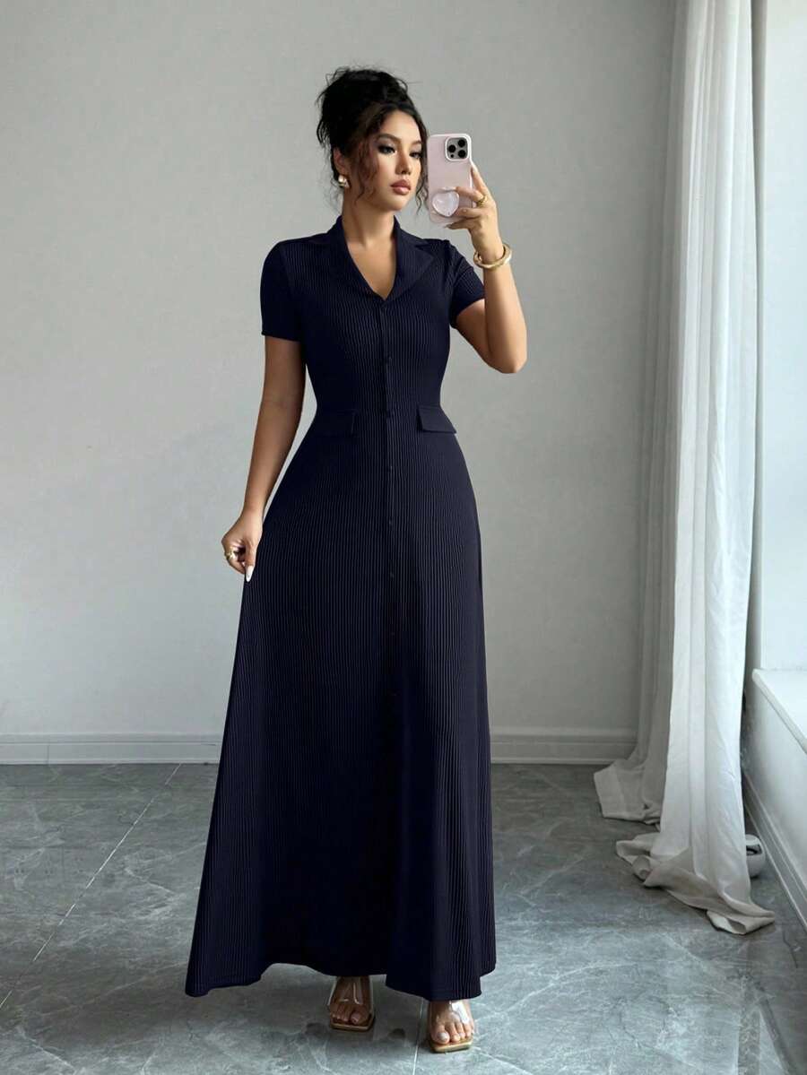 Elenzga Elegant Commuter Brown Lapel Waist Slimming Button Decor A-Line Back Bowknot Short Sleeve Maxi Dress For Women