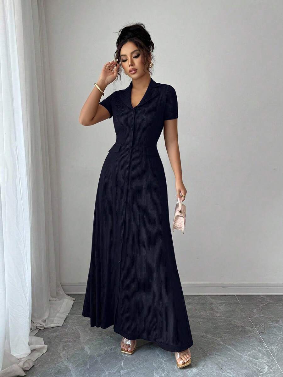 Elenzga Elegant Commuter Brown Lapel Waist Slimming Button Decor A-Line Back Bowknot Short Sleeve Maxi Dress For Women