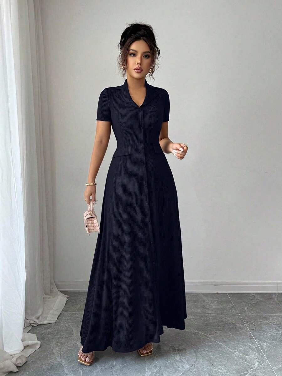 Elenzga Elegant Commuter Brown Lapel Waist Slimming Button Decor A-Line Back Bowknot Short Sleeve Maxi Dress For Women