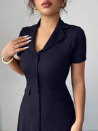 Elenzga Elegant Commuter Brown Lapel Waist Slimming Button Decor A-Line Back Bowknot Short Sleeve Maxi Dress For Women