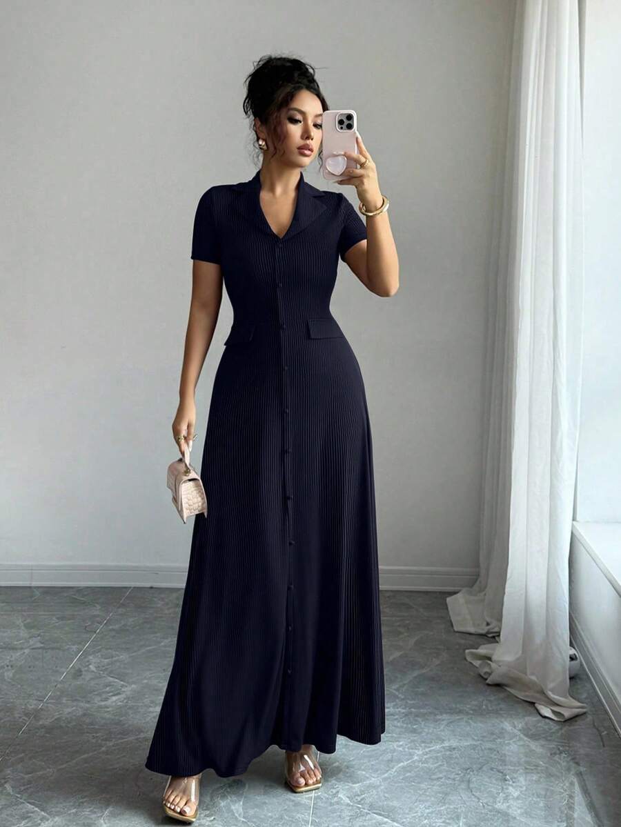 Elenzga Elegant Commuter Brown Lapel Waist Slimming Button Decor A-Line Back Bowknot Short Sleeve Maxi Dress For Women