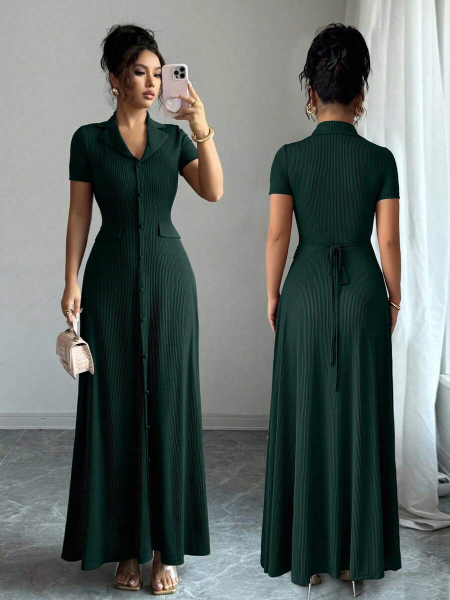 Elenzga Elegant Commuter Brown Lapel Waist Slimming Button Decor A-Line Back Bowknot Short Sleeve Maxi Dress For Women
