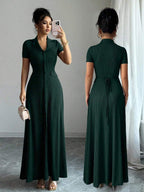 Elenzga Elegant Commuter Brown Lapel Waist Slimming Button Decor A-Line Back Bowknot Short Sleeve Maxi Dress For Women