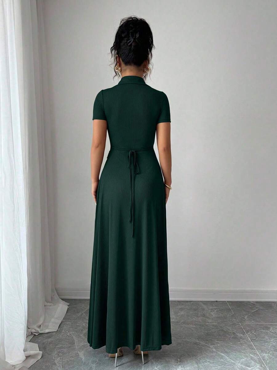 Elenzga Elegant Commuter Brown Lapel Waist Slimming Button Decor A-Line Back Bowknot Short Sleeve Maxi Dress For Women