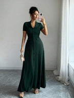 Elenzga Elegant Commuter Brown Lapel Waist Slimming Button Decor A-Line Back Bowknot Short Sleeve Maxi Dress For Women