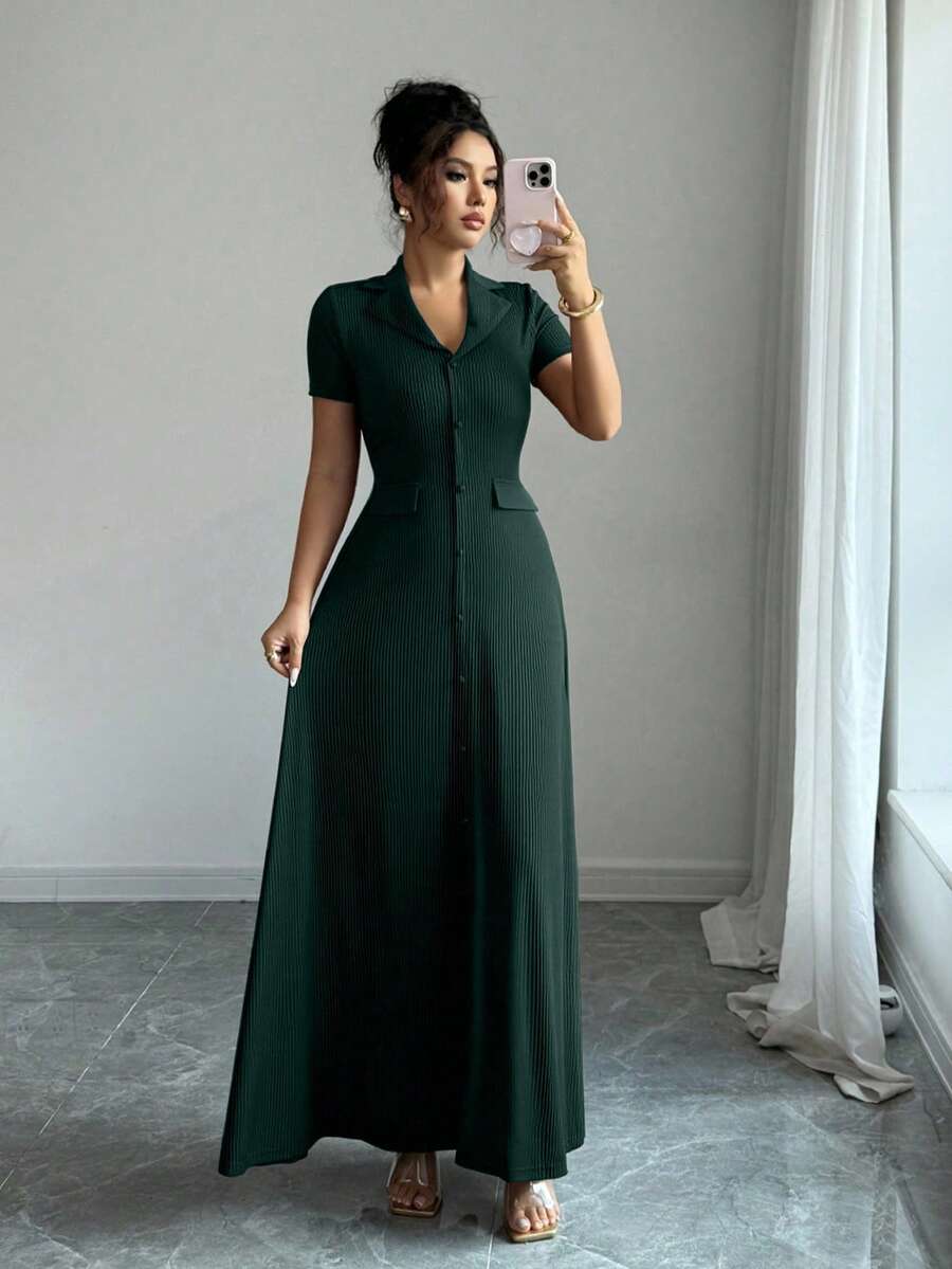 Elenzga Elegant Commuter Brown Lapel Waist Slimming Button Decor A-Line Back Bowknot Short Sleeve Maxi Dress For Women
