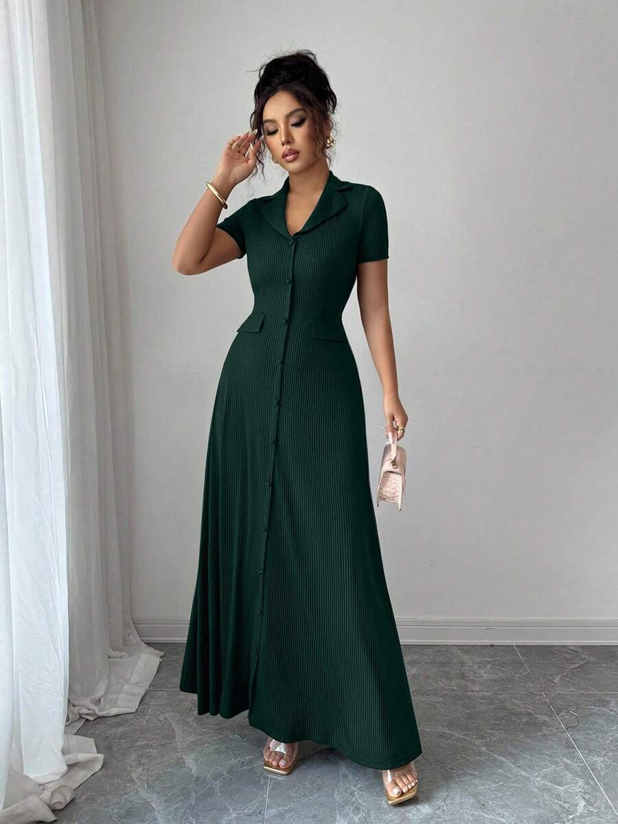 Elenzga Elegant Commuter Brown Lapel Waist Slimming Button Decor A-Line Back Bowknot Short Sleeve Maxi Dress For Women