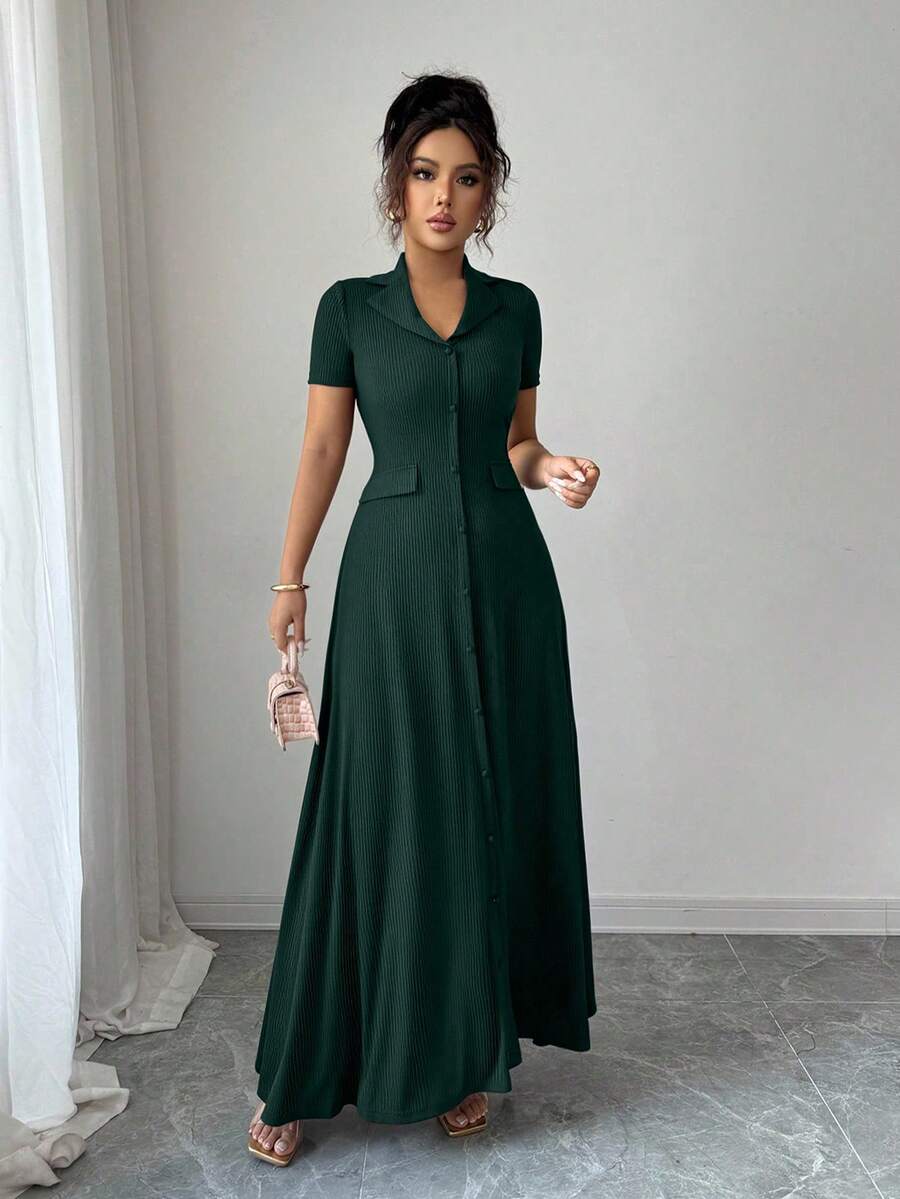 Elenzga Elegant Commuter Brown Lapel Waist Slimming Button Decor A-Line Back Bowknot Short Sleeve Maxi Dress For Women