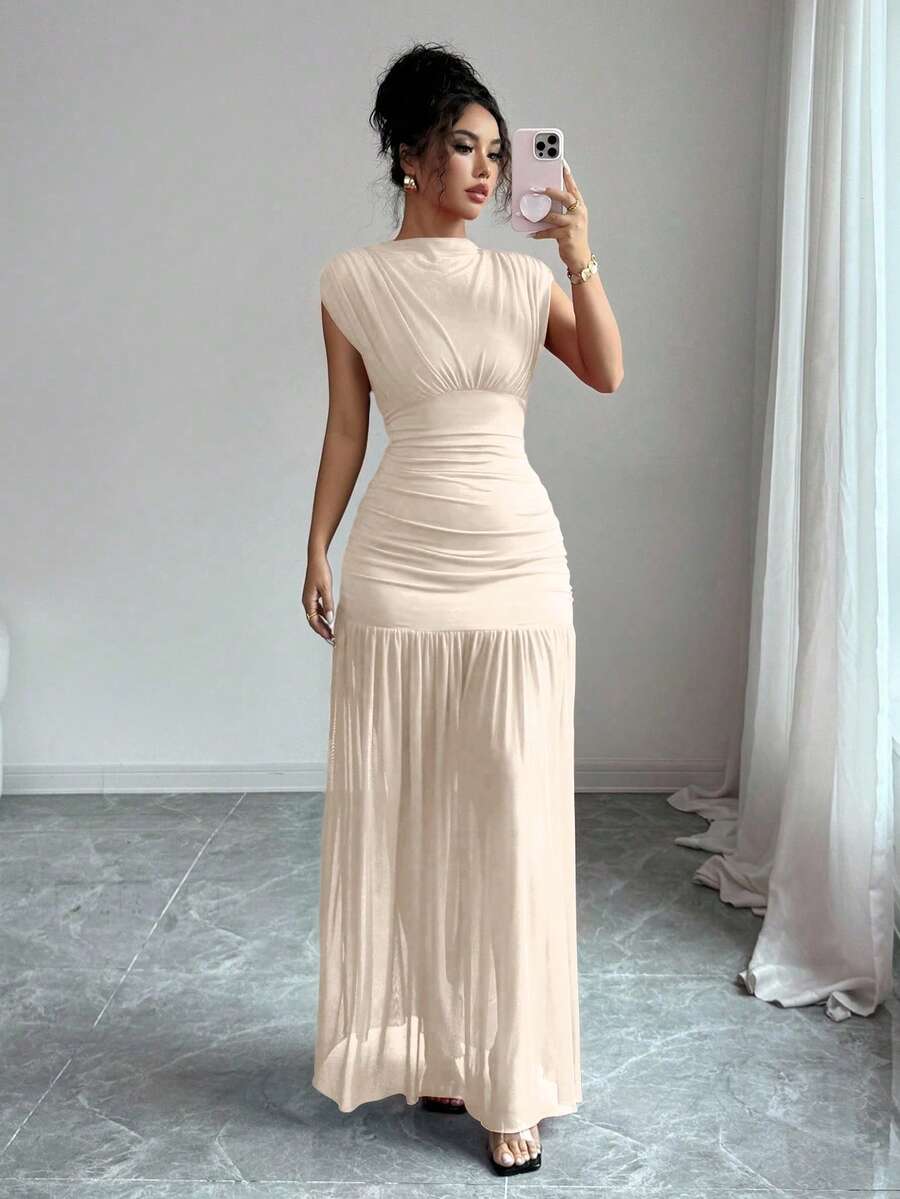 Elenzga New Fashionable Solid Red Mini Stand Collar Sleeveless Sexy Hollow-Out Mesh Splice Pleated A-Line Maxi Dress For Women, Suitable For Graduation Party, Holiday, Date