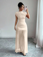 Elenzga New Fashionable Solid Red Mini Stand Collar Sleeveless Sexy Hollow-Out Mesh Splice Pleated A-Line Maxi Dress For Women, Suitable For Graduation Party, Holiday, Date