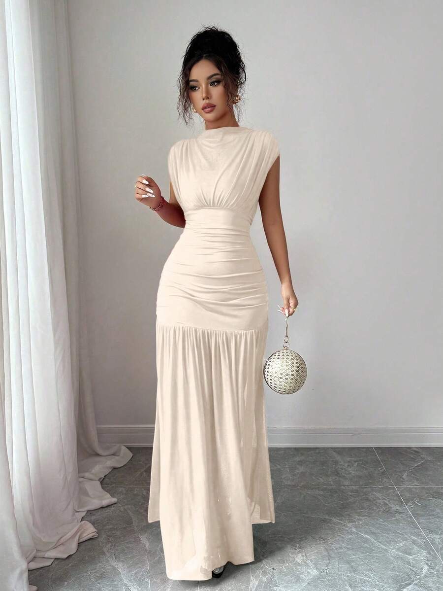 Elenzga New Fashionable Solid Red Mini Stand Collar Sleeveless Sexy Hollow-Out Mesh Splice Pleated A-Line Maxi Dress For Women, Suitable For Graduation Party, Holiday, Date