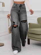 SHEIN ICON High Waist Ripped Wide Leg Jeans,Ladies Casual Button,Pocket,Ripped,Zipper High Waist Wide Leg Extra Long Medium Wash Cotton Loose Women Jeans,Spring/Fall,Casual Daily Wear