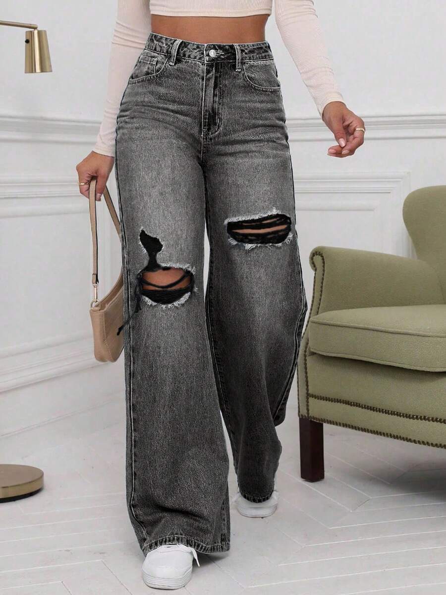 SHEIN ICON High Waist Ripped Wide Leg Jeans,Ladies Casual Button,Pocket,Ripped,Zipper High Waist Wide Leg Extra Long Medium Wash Cotton Loose Women Jeans,Spring/Fall,Casual Daily Wear