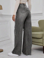 SHEIN ICON High Waist Ripped Wide Leg Jeans,Ladies Casual Button,Pocket,Ripped,Zipper High Waist Wide Leg Extra Long Medium Wash Cotton Loose Women Jeans,Spring/Fall,Casual Daily Wear