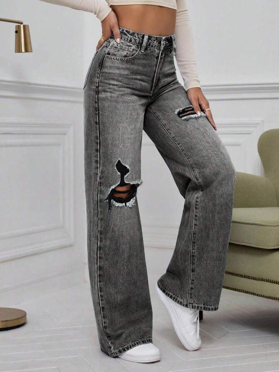 SHEIN ICON High Waist Ripped Wide Leg Jeans,Ladies Casual Button,Pocket,Ripped,Zipper High Waist Wide Leg Extra Long Medium Wash Cotton Loose Women Jeans,Spring/Fall,Casual Daily Wear