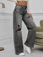 SHEIN ICON High Waist Ripped Wide Leg Jeans,Ladies Casual Button,Pocket,Ripped,Zipper High Waist Wide Leg Extra Long Medium Wash Cotton Loose Women Jeans,Spring/Fall,Casual Daily Wear