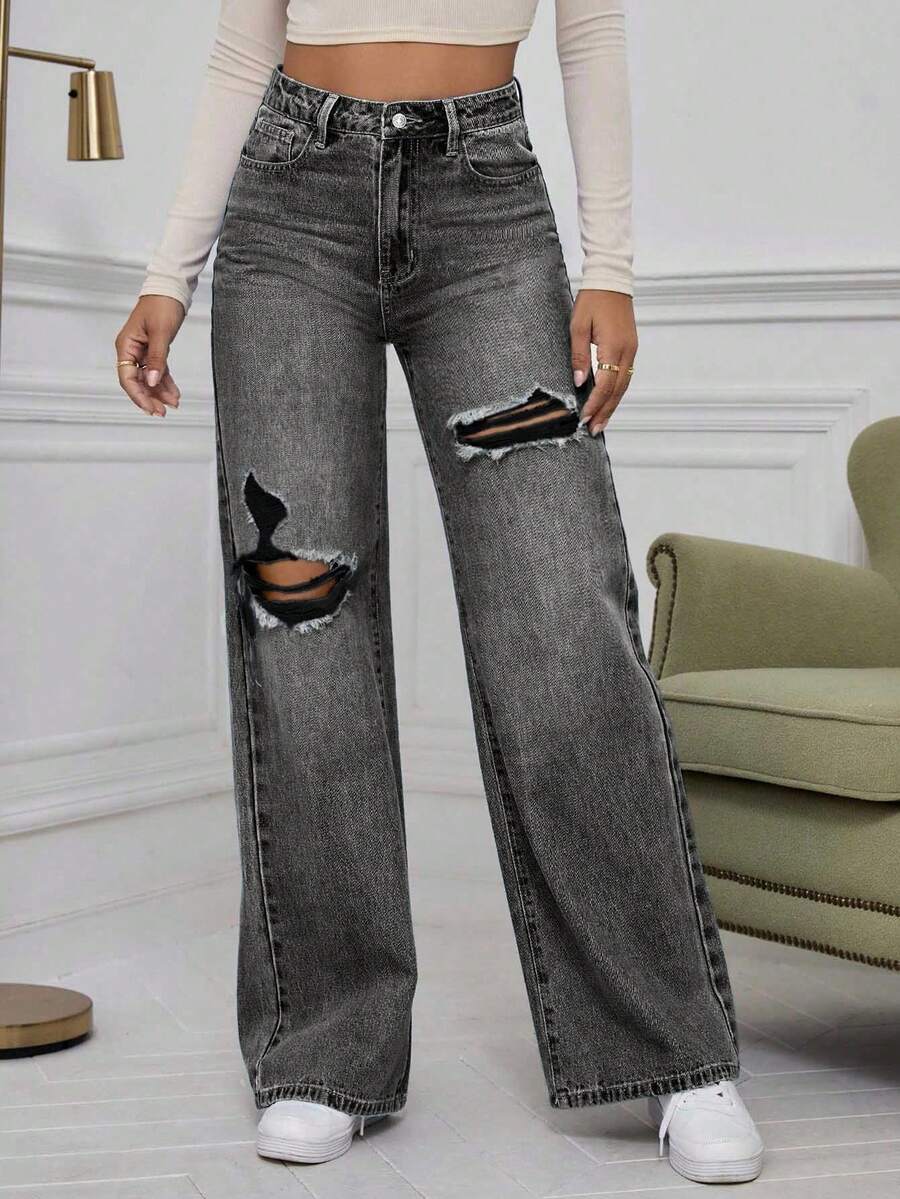 SHEIN ICON High Waist Ripped Wide Leg Jeans,Ladies Casual Button,Pocket,Ripped,Zipper High Waist Wide Leg Extra Long Medium Wash Cotton Loose Women Jeans,Spring/Fall,Casual Daily Wear