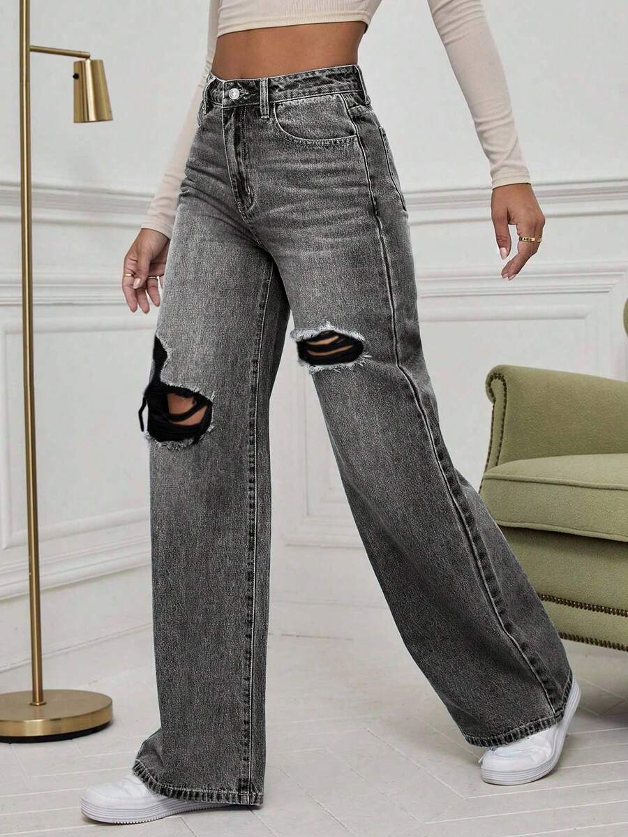 SHEIN ICON High Waist Ripped Wide Leg Jeans,Ladies Casual Button,Pocket,Ripped,Zipper High Waist Wide Leg Extra Long Medium Wash Cotton Loose Women Jeans,Spring/Fall,Casual Daily Wear
