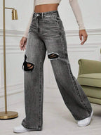 SHEIN ICON High Waist Ripped Wide Leg Jeans,Ladies Casual Button,Pocket,Ripped,Zipper High Waist Wide Leg Extra Long Medium Wash Cotton Loose Women Jeans,Spring/Fall,Casual Daily Wear