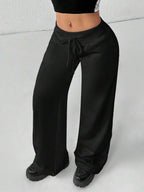 SHEIN PETITE Comfortable And Casual Plain Knitted Low-Rise Wide-Leg Women's Sweatpants Baggy