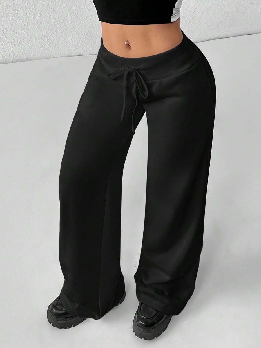 SHEIN PETITE Comfortable And Casual Plain Knitted Low-Rise Wide-Leg Women's Sweatpants Baggy
