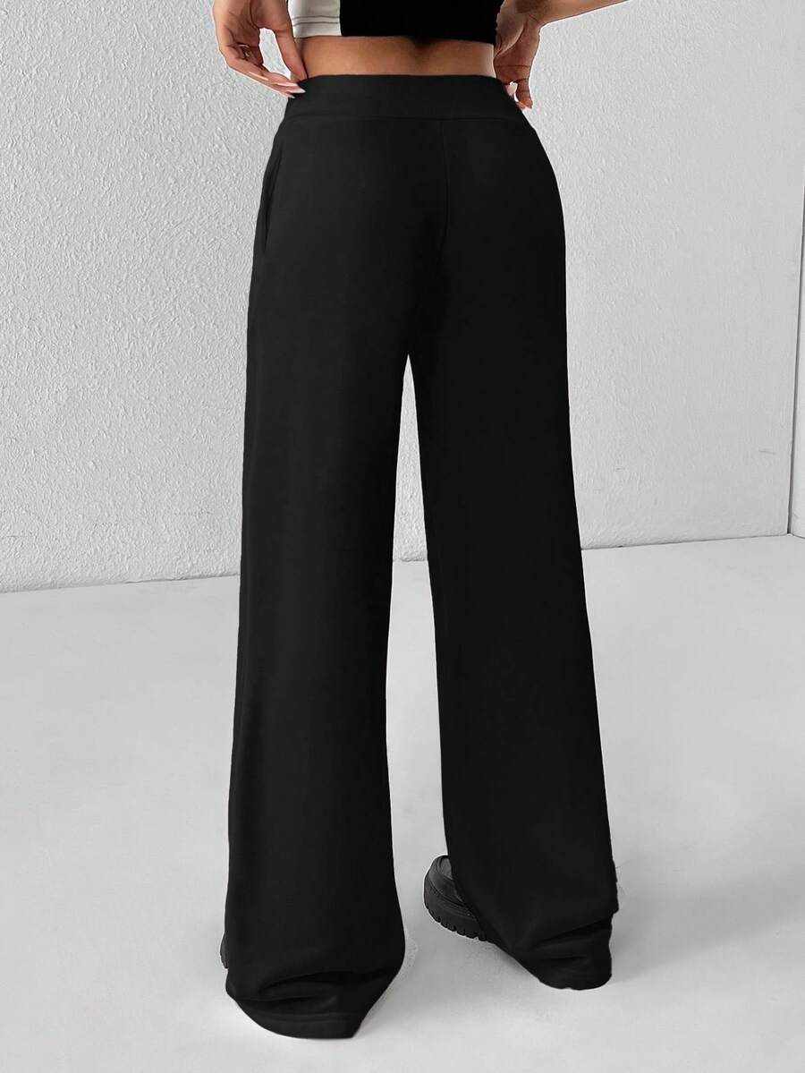 SHEIN PETITE Comfortable And Casual Plain Knitted Low-Rise Wide-Leg Women's Sweatpants Baggy