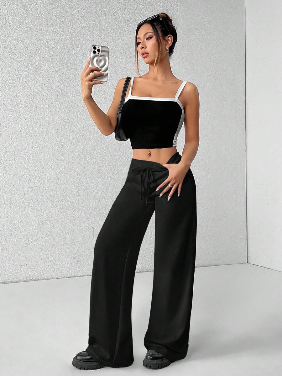 SHEIN PETITE Comfortable And Casual Plain Knitted Low-Rise Wide-Leg Women's Sweatpants Baggy