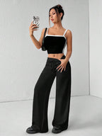 SHEIN PETITE Comfortable And Casual Plain Knitted Low-Rise Wide-Leg Women's Sweatpants Baggy