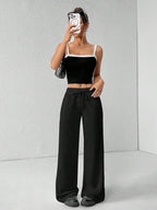 SHEIN PETITE Comfortable And Casual Plain Knitted Low-Rise Wide-Leg Women's Sweatpants Baggy