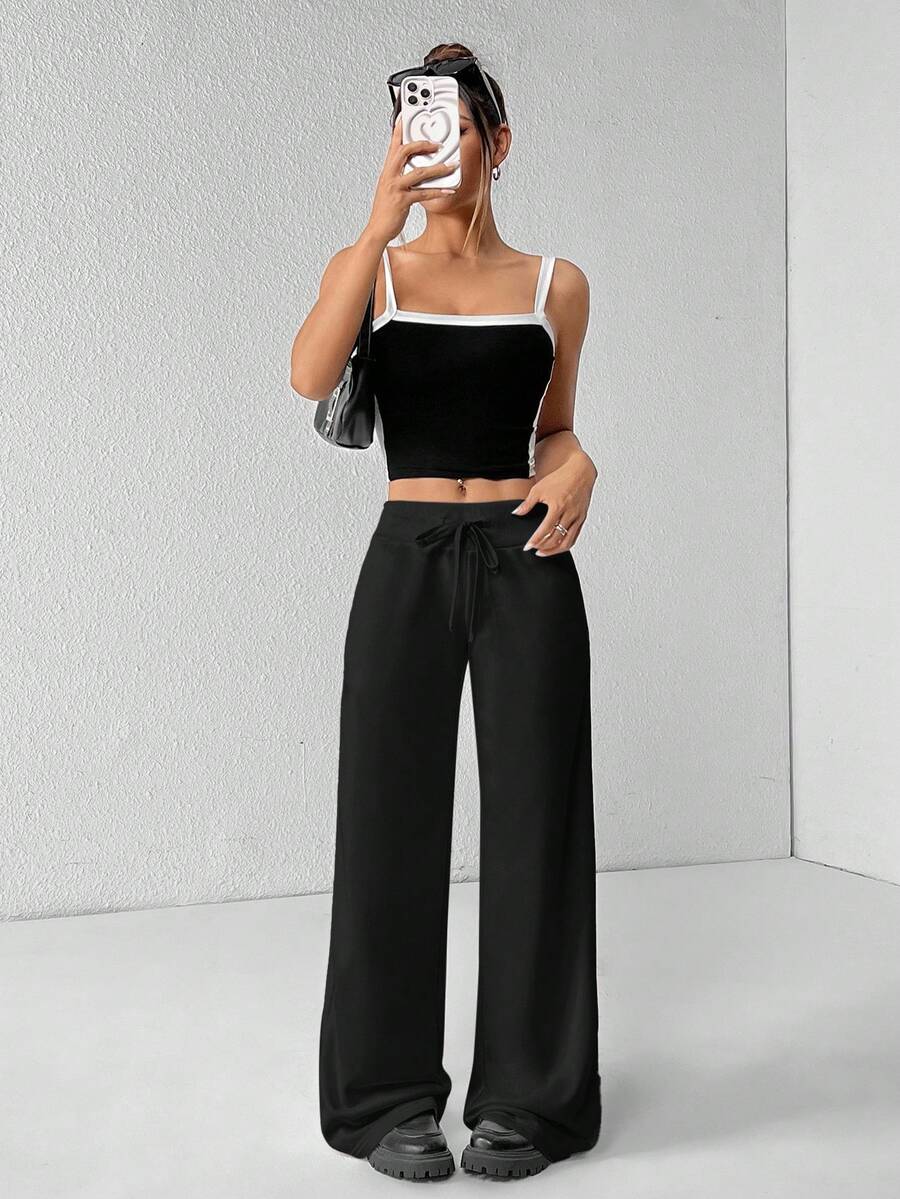 SHEIN PETITE Comfortable And Casual Plain Knitted Low-Rise Wide-Leg Women's Sweatpants Baggy