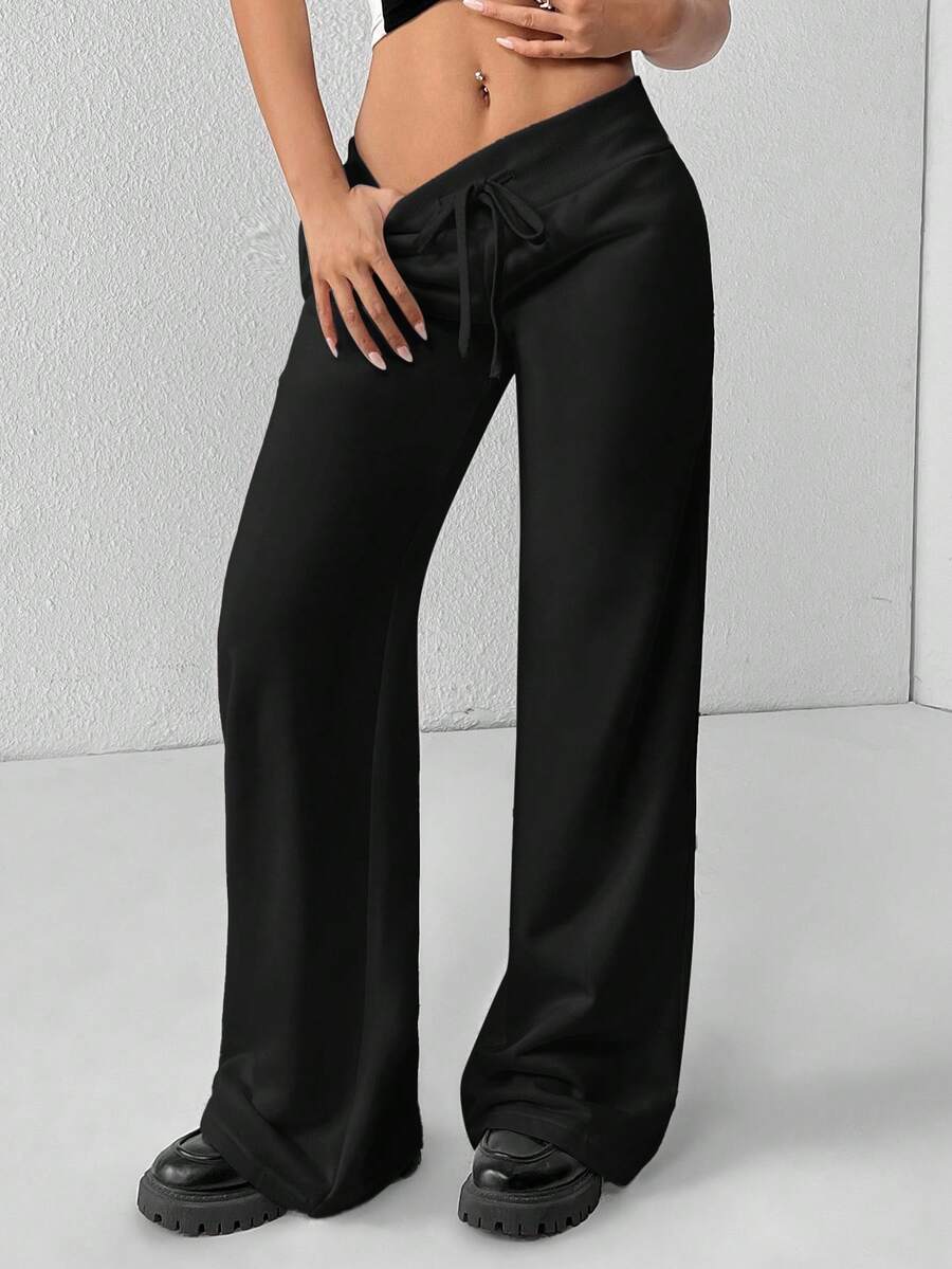 SHEIN PETITE Comfortable And Casual Plain Knitted Low-Rise Wide-Leg Women's Sweatpants Baggy