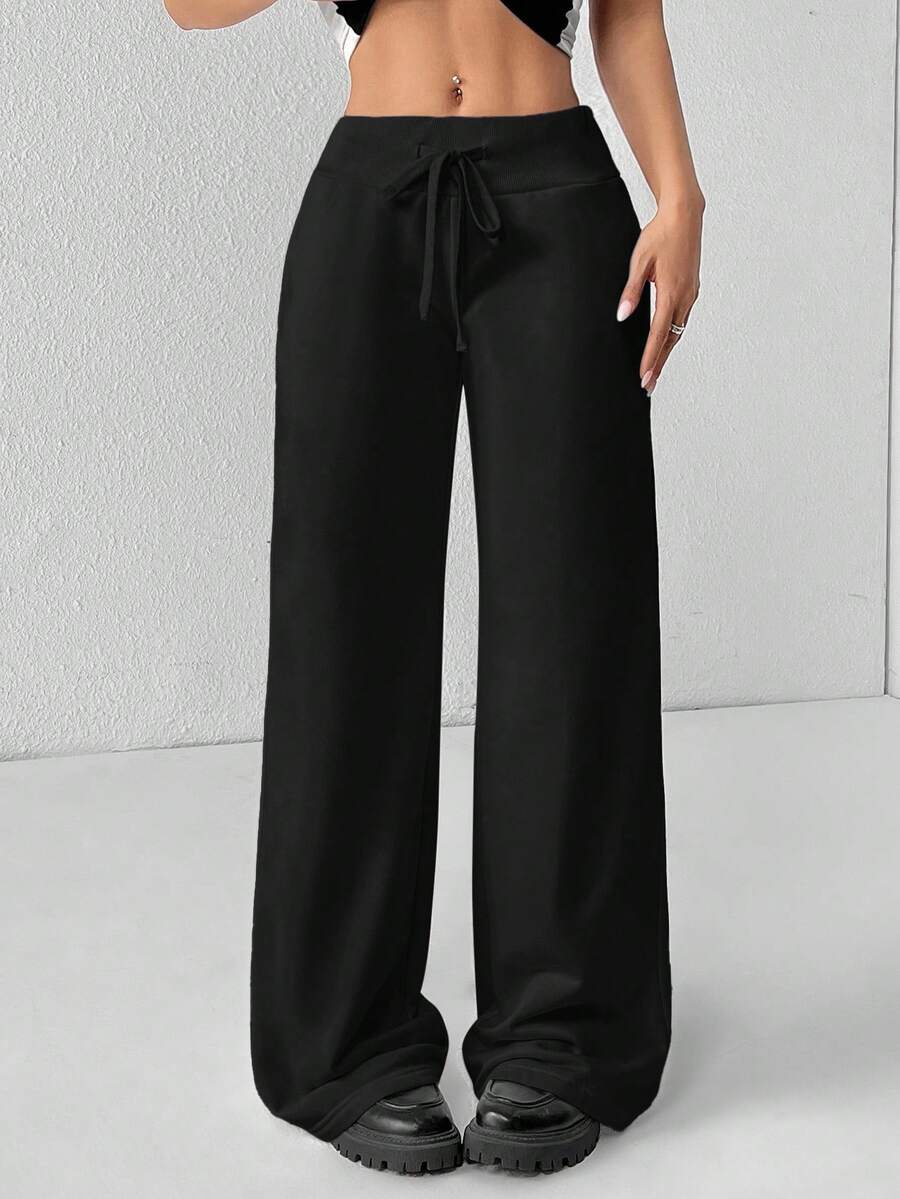 SHEIN PETITE Comfortable And Casual Plain Knitted Low-Rise Wide-Leg Women's Sweatpants Baggy