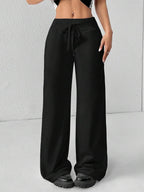 SHEIN PETITE Comfortable And Casual Plain Knitted Low-Rise Wide-Leg Women's Sweatpants Baggy