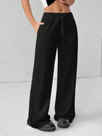 SHEIN PETITE Comfortable And Casual Plain Knitted Low-Rise Wide-Leg Women's Sweatpants Baggy
