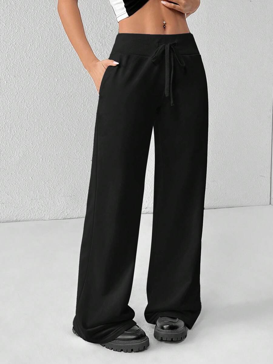 SHEIN PETITE Comfortable And Casual Plain Knitted Low-Rise Wide-Leg Women's Sweatpants Baggy