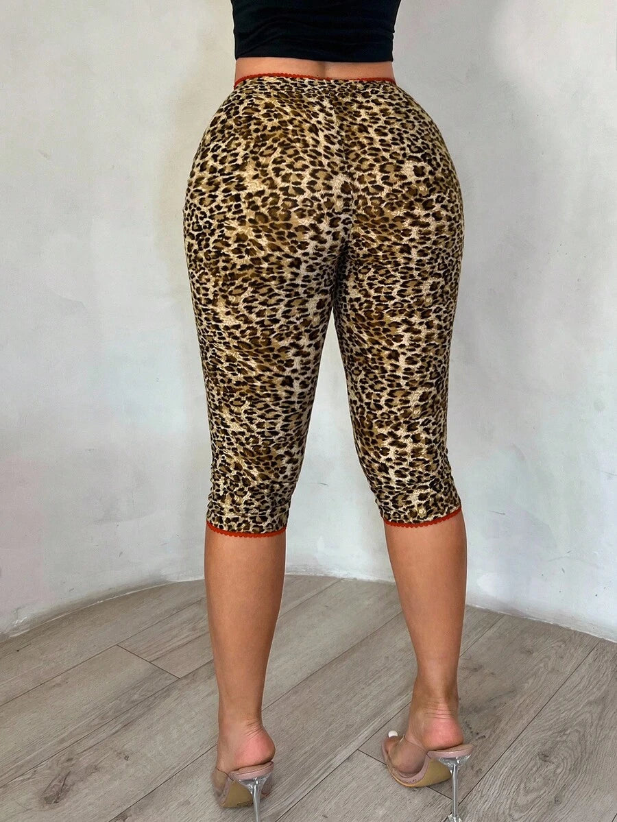 SHEIN SXY Women's Fashion Leopard Print Lace Trim 3/4 Leggings, Fitted Skirt, Cheetah , Leopard , Short Leggings For Women,Leopard Print,Sexy ,Going Out ,Y2K,Leopard Print