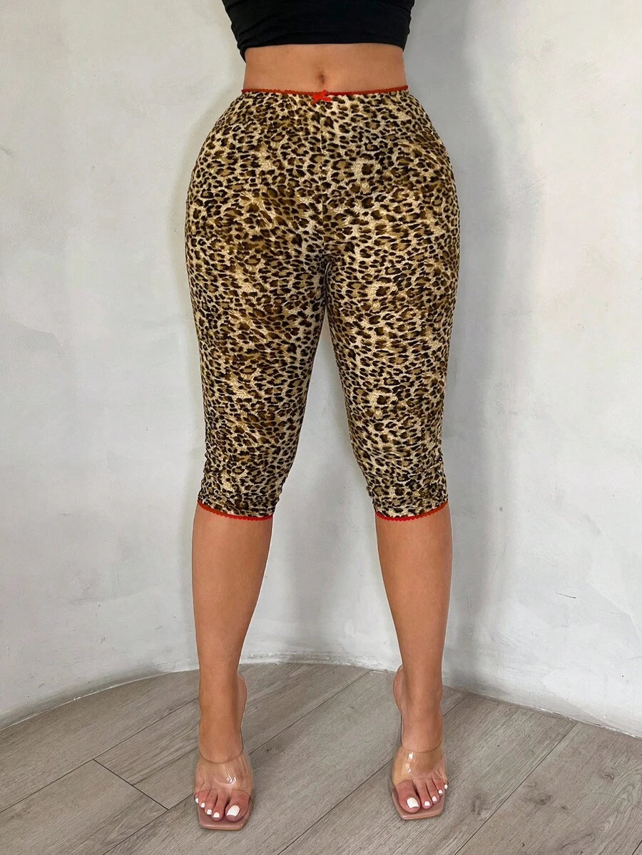 SHEIN SXY Women's Fashion Leopard Print Lace Trim 3/4 Leggings, Fitted Skirt, Cheetah , Leopard , Short Leggings For Women,Leopard Print,Sexy ,Going Out ,Y2K,Leopard Print