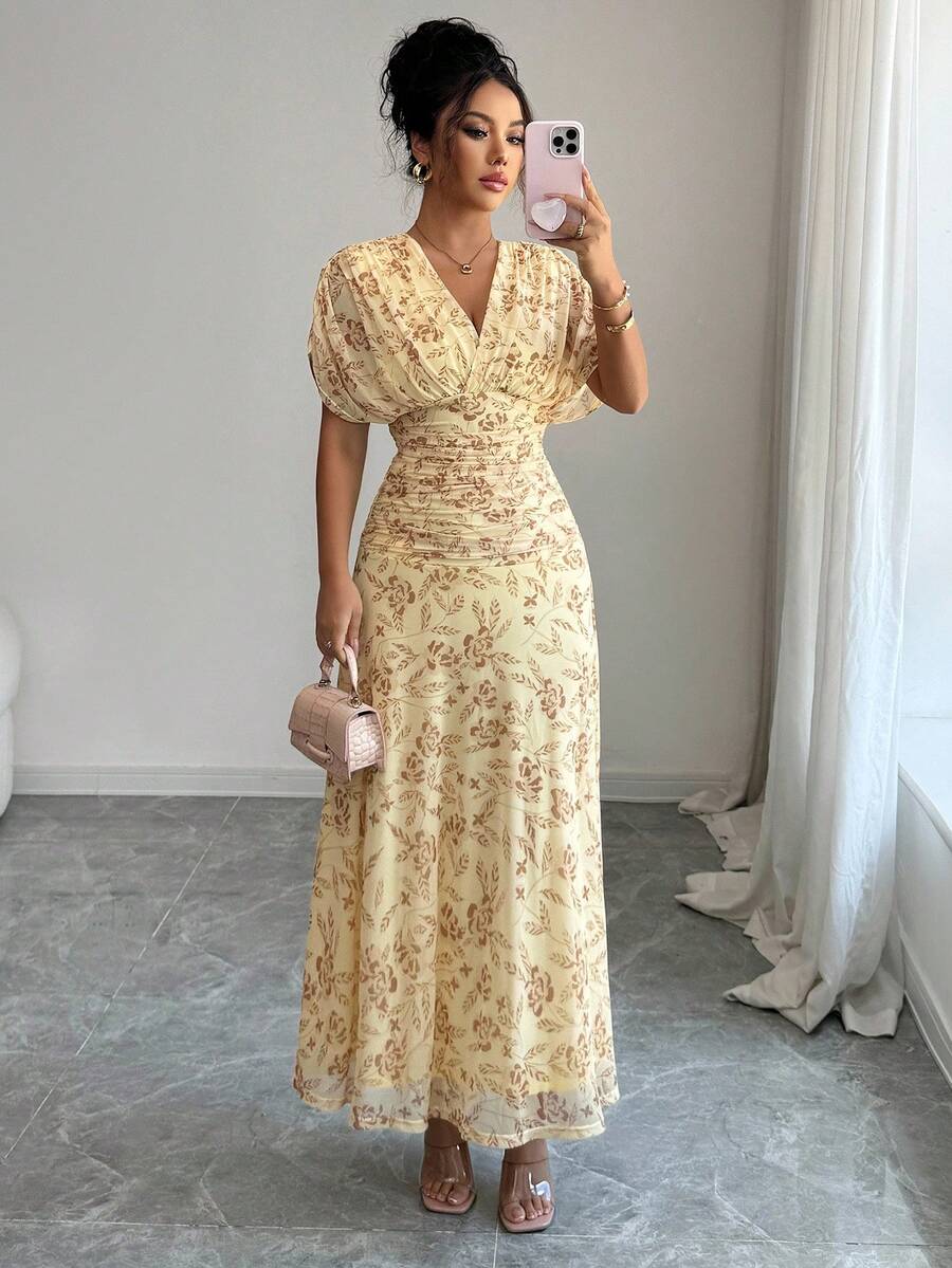 Elenzga Women's Elegant French Style Vacation Loose V-Neck Drop Shoulder Ruched A-Line Maxi Dress, Suitable For Beach, Afternoon Tea, Party