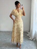 Elenzga Women's Elegant French Style Vacation Loose V-Neck Drop Shoulder Ruched A-Line Maxi Dress, Suitable For Beach, Afternoon Tea, Party