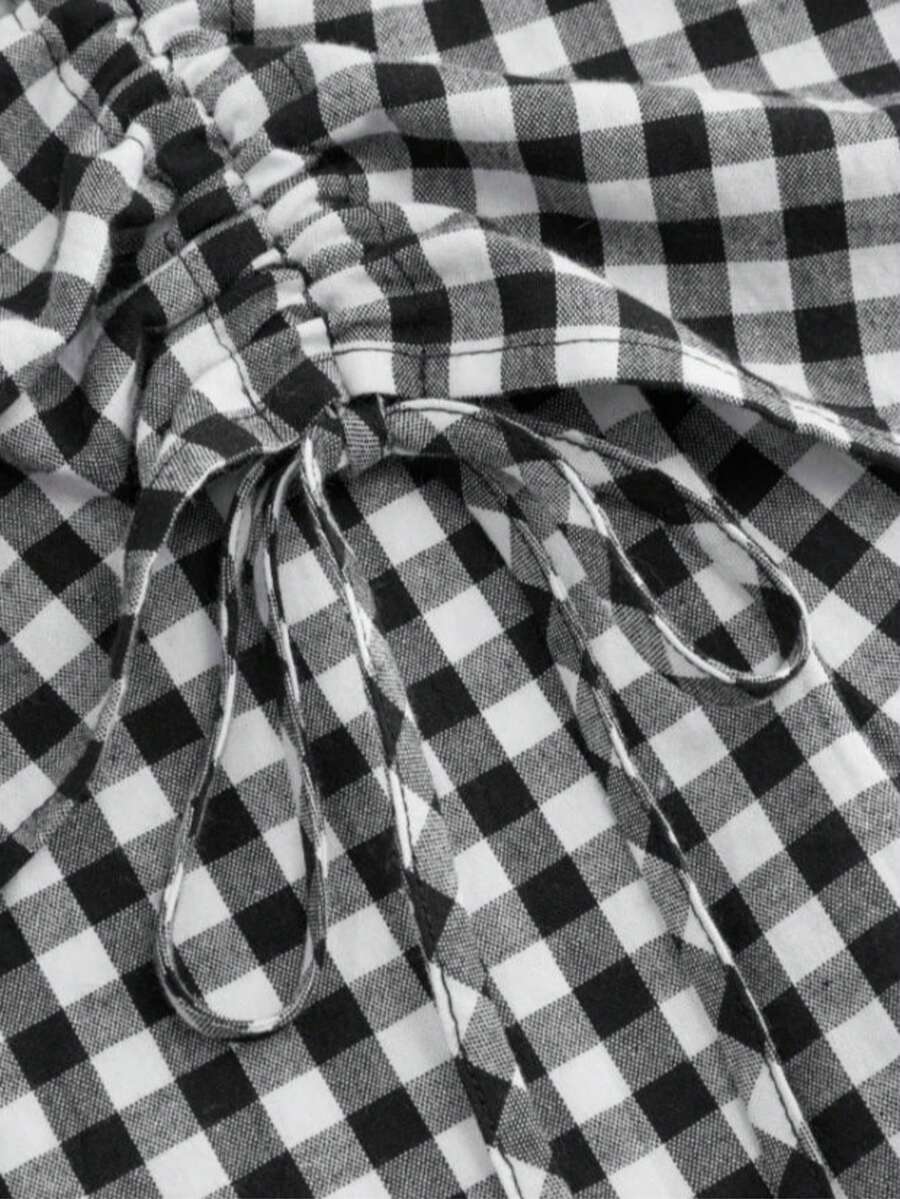 Solstice Apparel Gingham Print Drawstring Ruched Balloon Skirt, High Waist Loose Slim Fit Midi Skirt, Retro Cottagecore Style, Perfect For Daily Commute, Outings & Dates, Spring Summer Versatile Bottoms